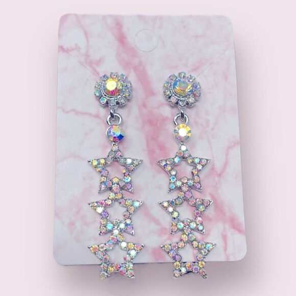 Iridescent Rhinestone Crystal Star Post Drop Earrings - Picture 1 of 7